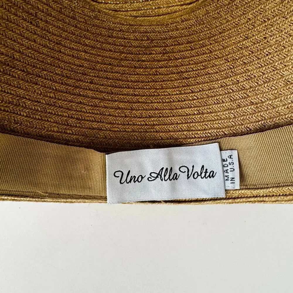 Uno Alla Volta Fedora Raffia Hat Feather Gems Rhinestone Band Tan Made in USA